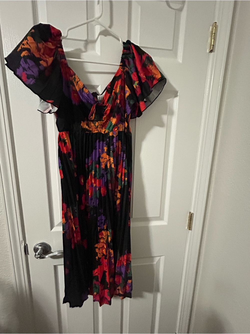 Floral V-Neck Flutter Sleeve Midi Dress in Black with Multicolor Print